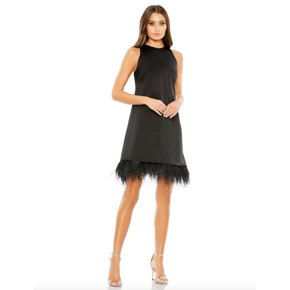 Mac Duggal 55805 Feathered Hem High Neck Sleeveless Mini Dress Black Size 4